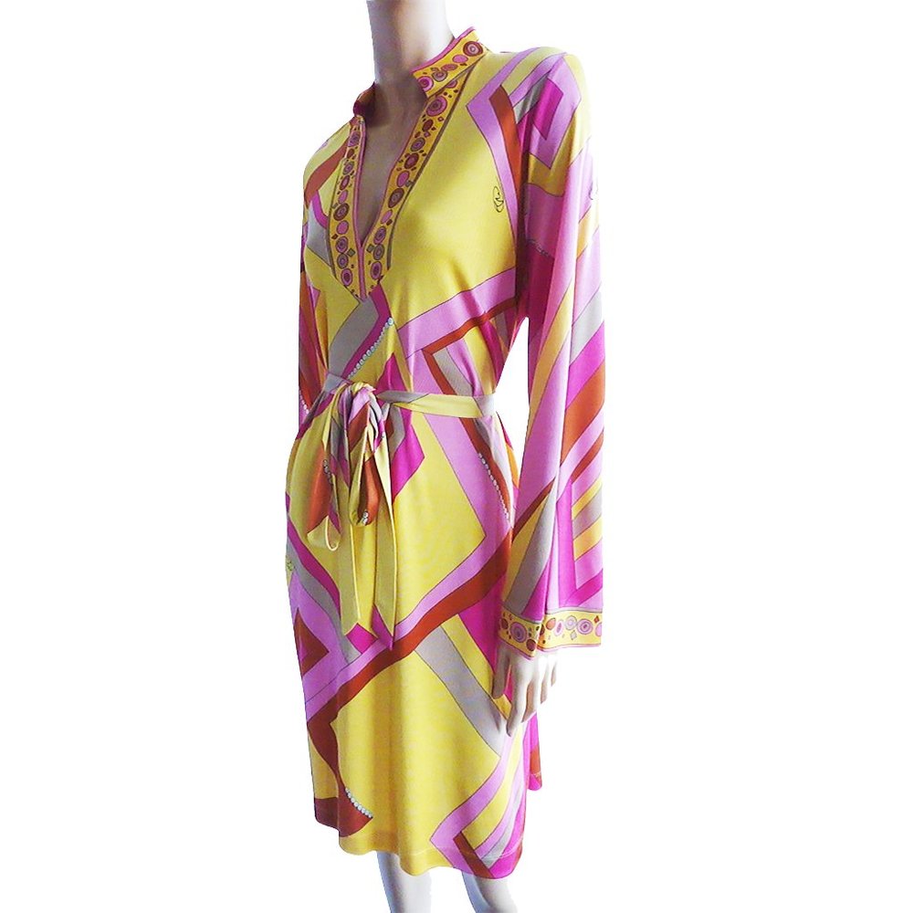 Flora Kung split collar yellow deco mix print Colette silk jersey dress NWT